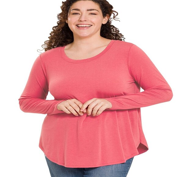 ZENANA PLUS LONG SLEEVE ROUND NECK HEM TOP COLOR ROSE SIZES 1X-3X - Picture 1 of 2